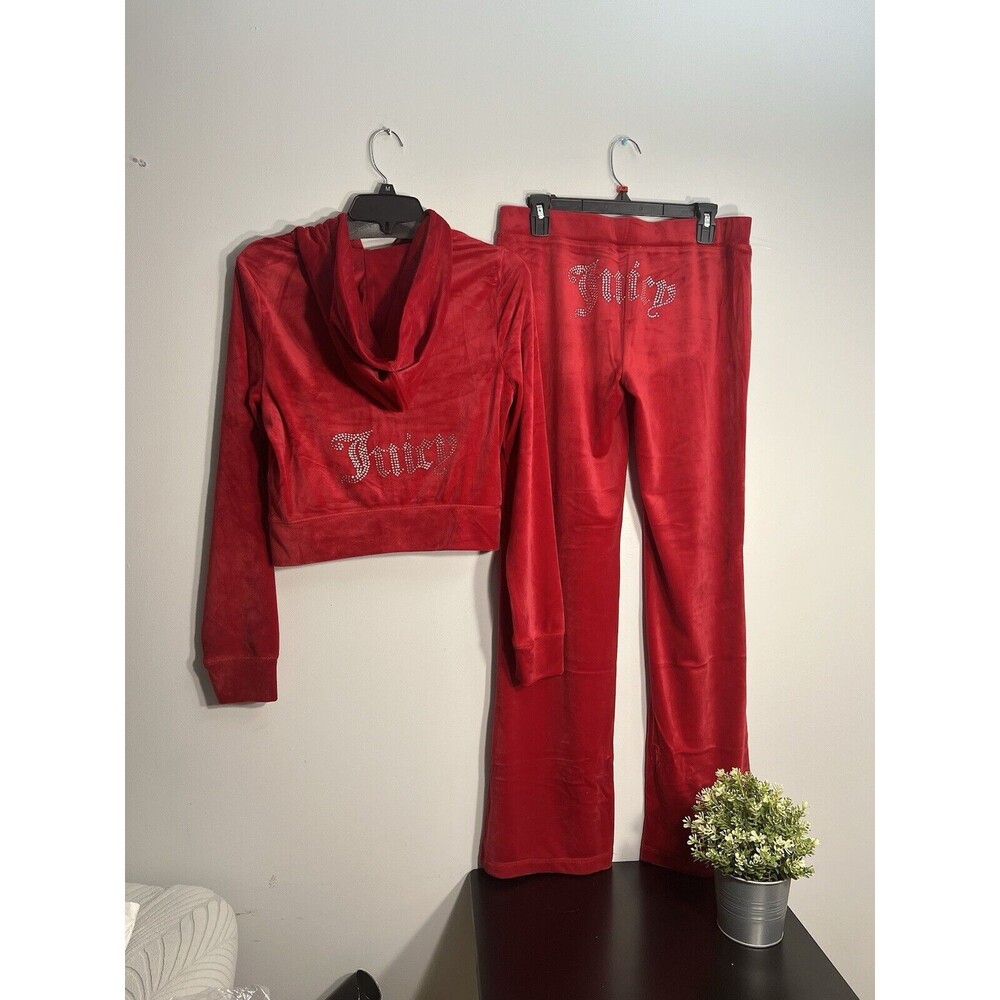 NEW NWT Juicy Couture Velour Bling Tracksuit Hoodie Pant Coco Red Size L M